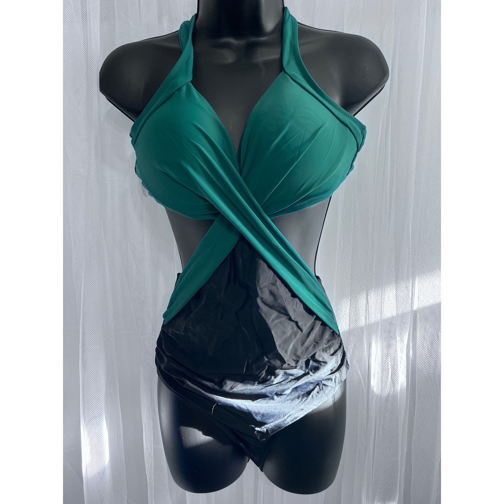 Womens Emerald Green Black Wrap Front Halter One Piece Swimsuit Monokini Small